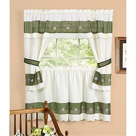 Ergode Berkshire Green Floral Cottage Window Curtain Set - Elegant Design, 100% Polyester, Light Filtering, Machine Washable - Home & Kitchen Décor