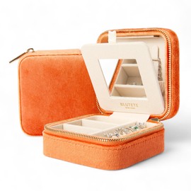BLUTETE Travel Jewelry Box Organizer Velvet Travel Case With Mirror Rings Earrings Necklaces Storage Organizer Box (Orange)