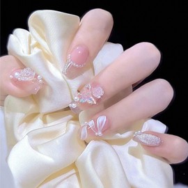 Nail Tips 24 Pcs Set Long False Nail 3D Glossy Nail Finger Parts Double Sided Tape 48 Sticks File Alcohol Pad Crystal Petals Butterfly