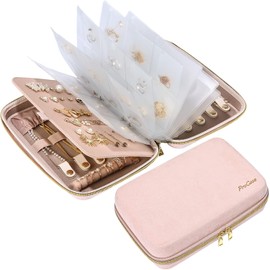 Procase Organizador para Joyas de Viaje, Estuche para Joyería con Bolsillo Claro Joyero Portátil con Cremallera para Aretes Anillos Collares Pulseras Pendientes Prendedores -L Con hojas sueltas,Rosa