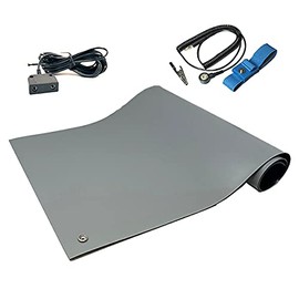 RubberStat Dual Layer ESD Compliant Workstation Rubber Table Mat Kit, Soldering, Cell Phone Repair, with Wrist Strap Set and Ground Cord - 30"x16" Grey
