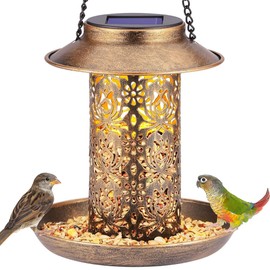 Solar Bird Feeder for Outdoors Hanging, Metal Wild Bird Feeder for Cardinals Solar Garden Lantern with S Hook as Gift for Bird Lovers (Large Feeders)