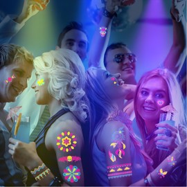 9PCS Neon Temporary Tattoos, 200+ Multiple Unique Designs Glow in the Dark Temporary Tattoos for Women,UV Neon Waterproof Fake Tattoo Stickers Rave Festival Accessories for Women Girls Party Supplies