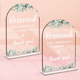 2 Pcs Acrylic Wedding Sign, Bridal Shower Decoration, Reserved Seating Sign for Immediate Family, Modern Font Table Signs, Acrylic Table Top Signs for Wedding Reception(Clear Eucalyptus Leaves)