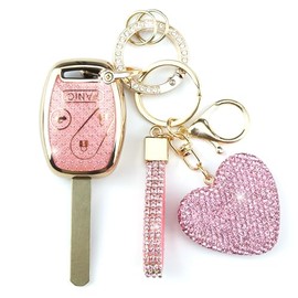 Simocky Key Fob Cover with Keychain, Girly Soft TPU Car Key Shell for Women, Compatible with Honda Accord Crosstour CR-V Civic Element Pilot 2003-2015 Smart Remote Key Protector (4 Buttons-Pink)