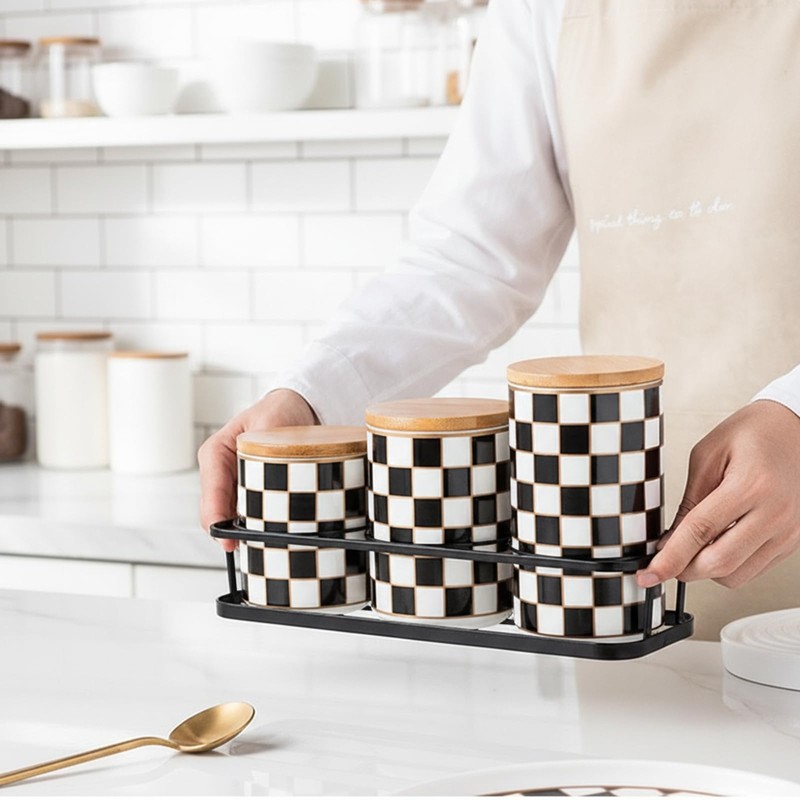 Small Checkered Kitchen Canister Set of 3 with Black Metal