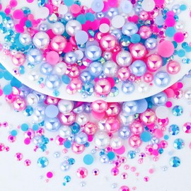 Towenm 60g Mix Flatback Pearls and Rhinestones, 2mm-10mm Jelly Rhinestones and Half Pearls for Tumblers Shoes Nails Face Art, Pearl Rhinestone Mix for Bedazzling, White|Blue|Pinks