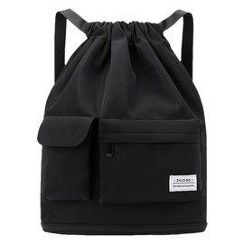 FAVORTALK Drawstring Gym Bag Waterproof String Bags with Zipper Drawstring Backpack for Women Men Dry-Wet Separation String Bag for Travel Beach School Sports Swimming Bags for Girls, Black D37208