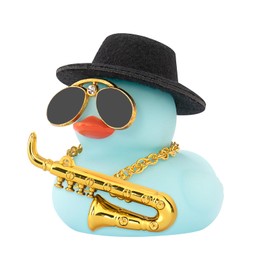 wonuu Car Decoration Saxophone Rubber Ducks, Dashboard Decor Duck Car Ornaments with Mini Top Hat Necklace Sunglasses, Light Blue