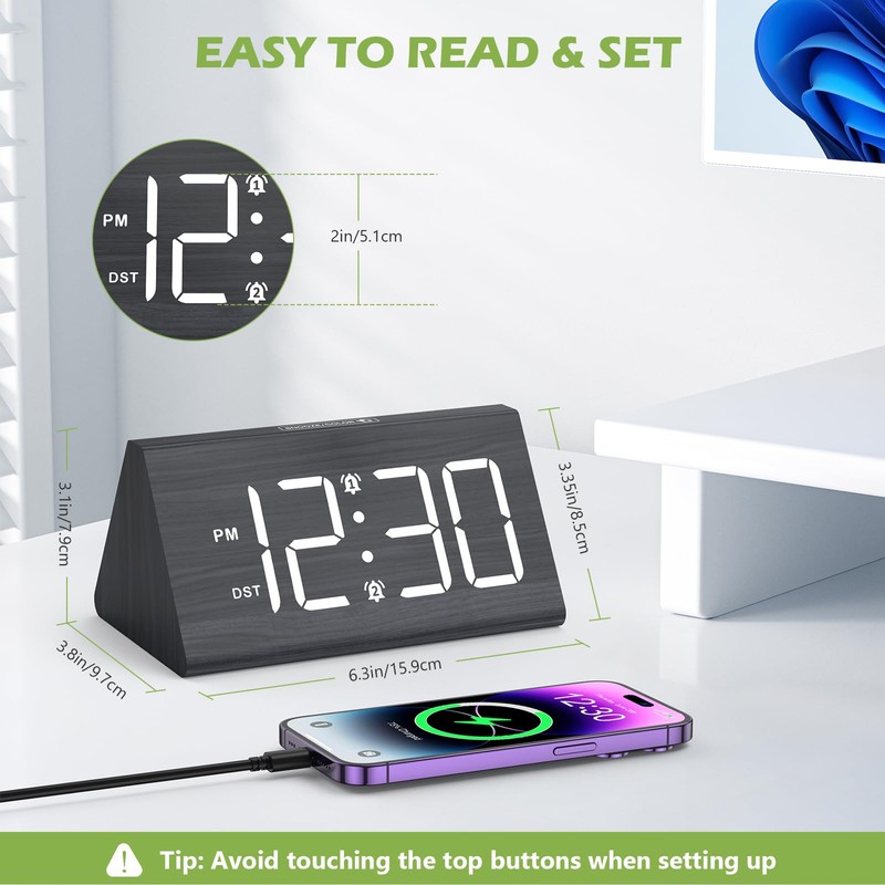 KeeKit Wooden Digital Alarm Clock, Large Display LED Clock with
