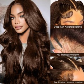 YTSOQ 34 Inch 13x4 Chocolate Brown Lace Front Wig Human Hair 200 Density Body Wave Lace Front Wigs Human Hair HD Lace Frontal Wigs Human Hair Glueless Wigs Colored 4# Frontal Wigs Human Hair