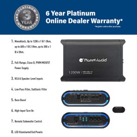 Planet Audio MB1200.1D Mini Bang Series Class D Car Amplifier - 1200 High Output, Low/High Level Inputs, Low/High Pass Crossover, Bass for Subwoofer