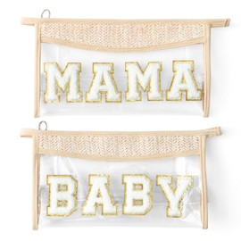 Belanttega Boho Patch Cosmetic Bag - MAMA BABY Chenille Varsity Letter Toiletry Bag Beige Clear Waterproof Travel Makeup Bag PVC Zipper Clutch Daily Use Purse Summer Beach Gifts for Women Girls