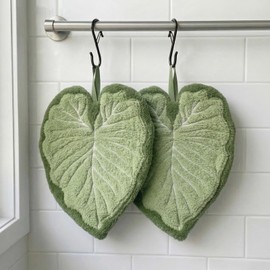 Sisher 2 Pack Cute Leaf Shaped Hand Towel,Kitchen Hand Towels with Hanging Loops,Boho Bathroom Hand Towels,Soft and Fluffy,Super Absorbent,The Ideal Home Accessory—Fresh Green Design
