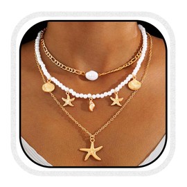 Reaky Pearl Necklace Gold Starfish Necklaces Layered Seashell Necklace Beach Accessories for Women and Girls(Pack of 3)