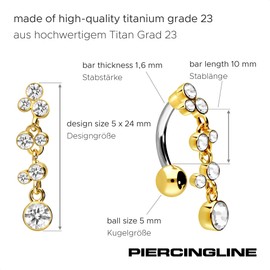 PIERCINGLINE Titanium Belly Button Piercing with 925 Silver Crystal Pendant Piercing Banana Bell Banana Choice of Colours, Titanium Silver
