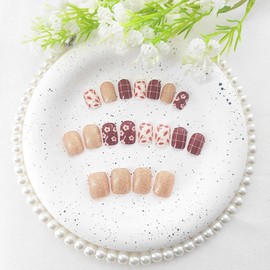 Winter Press on Nails Short Square Fake Nails with Flower Leaf Golden Glitter Design Glue on Nails Press ons Burgundy White Full Cover False Nails Glossy Artificial Stick on Nails for Women 24Pcs