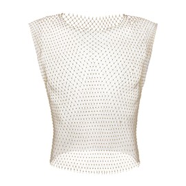 Men's Rave Outfit Sheer Rhinestone Top Sleeveless Tanks Crop Top Fishnet Vest Self-tie Wrap Mini Skirt Gold-top Medium