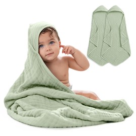 Comfy Cubs Baby Hooded Towel 2-Pack, Large 81cm x 81cm - 6-Layer, Soft, Durable & Absorbent Baby Bath Towel - 100% Muslin Cotton Bathing Products for Babies, Toddlers & Kids - Sage