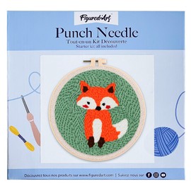 Figured'Art Punch Needle Set for Adults - Embroidery, Ideal for Beginners - Fox - 20 x 20 cm with Round Frame
