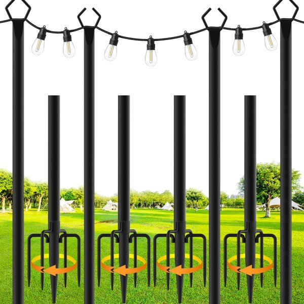4 Pack String Light Poles,10 Ft Metal Poles with Fork