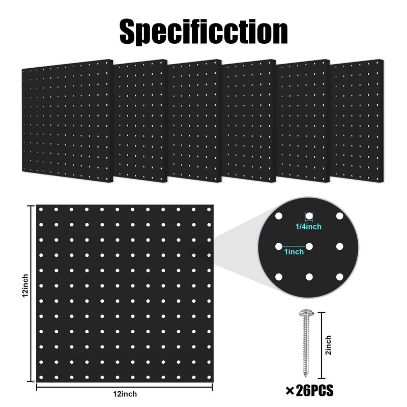 Hogurity Peg Board, 6 Pack 12"x12" Black Metal Pegboard Panels