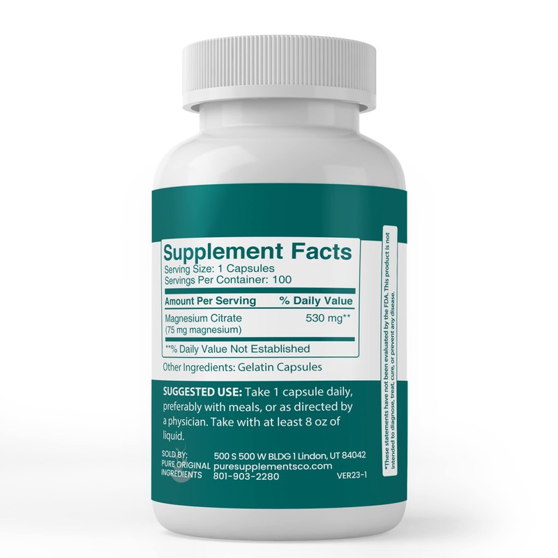 Pure Original Ingredients Magnesium Citrate, (100 Capsules) Always Pure, No