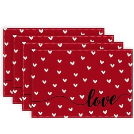 YLOIJO Mode Red Love Valentine's Day Placemats Set of 2, 12x18 Inch Love Heart Seasonal Farmhouse Burlap Red or Party Kitchen Dining Decoration