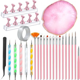 24 Pieces Nail Art Tools Kit Resin Nail Art Palette Acrylic Silicone Engraving Pen Dotting Pen Mixing Palette Detail Brushes Tools for Nail Art DIY Home Salon Makeup Display (Pink)
