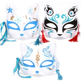 [Yesallwas] Cute Fox Mask Fox Somen Set of 3 Fox Mask Halloween Costume Accessory with Bell (Light Blue)