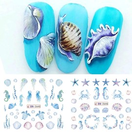 Summer Nail Art Sticker Ocean Water Ttransfer Nail Stcikers Deca Shells Starfish Seaweed Crabs Other Lovely Oceans Nail Design for Women Girls Nail Art Supplies Manicure Decor 12 Sheets (Ocean)