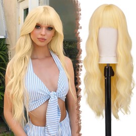 FESHFEN Long Honey Blonde Wig with Fringe for Women Natural Synthetic Wavy Curly Wavy Hair Heat Resistant Women's Wigs for Daily Party Cosplay Carnival 65 cm