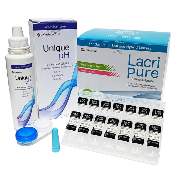 Menicon LacriPure Saline 98 Vials, Menicon Unique pH Multi-Purpose Solution 4 Oz and DMV Scleral Cup Large Contact Lens Remover, Bundle of 3 Items