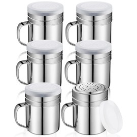 6 Pcs 10oz Stainless Steel Salt and Pepper Shakers with Lid and Handle Dredge Spice Shaker Seasoning Sugar Shaker Condiment Popcorn Salt Shaker Powder Sugar Flour Shaker for Cooking Kitchen Baking