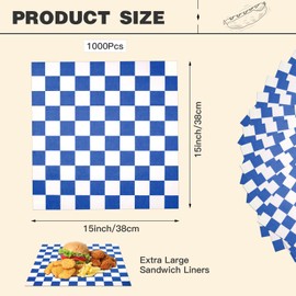 Colarr 1000 Pcs Waxed Paper Sheets Bulk 15 x 15 Inch Large Sandwich Wrapping Papers Checkered Deli Paper Food Basket Liners for Burgers Bread Restaurant Barbecue Picnic(Dark Blue)