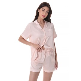 DAVID ARCHY Satin Pajama Set for Women 2 Piece Soft Summer Sleepwear Short Sleeve Button Down Top Shorts Silky Lightweight Pj (M, Pink Champagne)