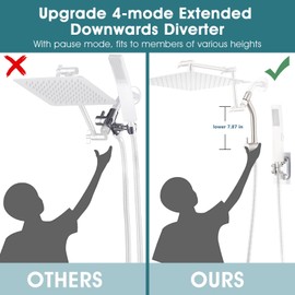 PDPBath Brass Shower Arm Diverter with Adhesive Handheld Holder for Easy Reach, Upgrade Low 3-Way Diverter with Pause Setting, G1/2 Universal Connection - Brushed Nickel