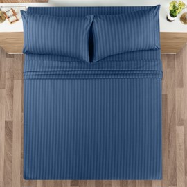 Utopia Bedding Queen Sheet Set, Soft Microfiber 4 Piece Bed Sheets with 15" Deep Pocket - Easy Care Brushed Microfiber (Stripe - Navy)