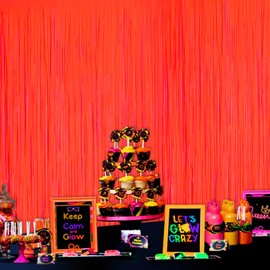 Mega-L Glow in The Dark Party Supplies, 2 Pack Neon Party Decorations 3.3 x 6.6 ft Fluorescent Macaron Orange Tinsel Foil Fringe Curtains, Photo Booth Prop Backdrop Streamer, Birthday Party Decor