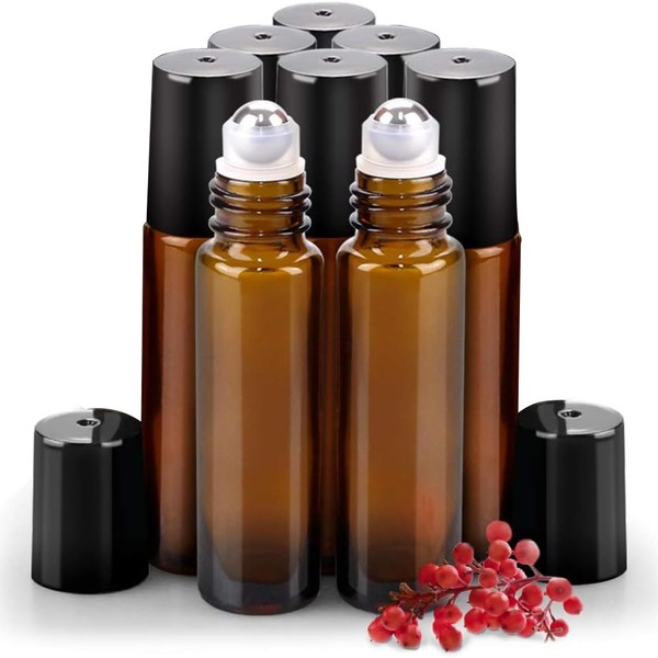 Nylea 8 Pack Essential Oil Roller Bottles (0.33oz / 10ml) - Metal Chrome Roller Ball, Amber Glass Roll-Ons for Fragrance Oils - Aromatherapy, Relaxation, Self-Care, Natural Scents, Perfume Mixing