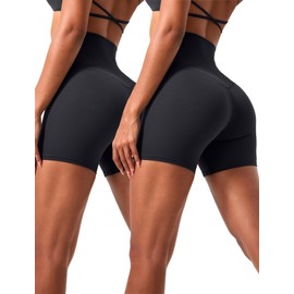 VOENXE Women High Waisted Yoga Short,Stretch Soft Breathable Spandex Scrunch Butt Booty Short,Tummy Control Biker Workout Gym Running Legging for Fitness Athletics Cycling,2 Pack Black