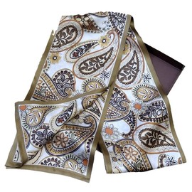 WELROG Long Rectangular Silk Scarf 150 x 16 cm - Paisley & Rural Style Print on Real Silk, coffee, Unit size