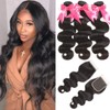 10A Brazilian Body Wave Bundles with Closure (14/16/18+12,Free Part 4x4