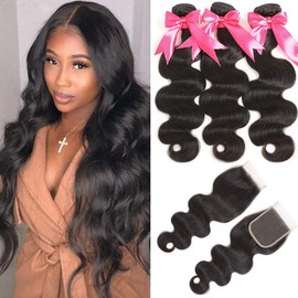 10A Brazilian Body Wave Bundles with Closure (14/16/18+12,Free Part 4x4 Lace) Unprocessed Body Wave Human Hair 3 Bundles with Closure Natural Color.