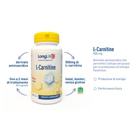LongLife® L-Carnitine | Integratore di L-carnitina da 500mg | Derivato aminoacidico | Integratore alimentare | Fino a 2 mesi di trattamento | 60 capsule | Senza glutine e doping free