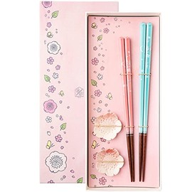 Hashikura Matsukan S-82030 Chopsticks, Dishwasher Safe, Couple Chopsticks, Natural Wood, Pair Set, 9.1 inches (23 cm), 8.3 inches (21 cm), Chopsticks Rest, Sakura Ladle, Light Blue, Pink, Made in Japan