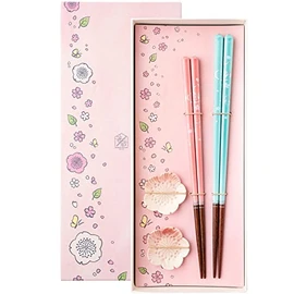 Hashikura Matsukan S-82030 Chopsticks, Dishwasher Safe, Couple Chopsticks, Natural Wood, Pair Set, 9.1 inches (23 cm), 8.3 inches (21 cm), Chopsticks Rest, Sakura Ladle, Light Blue, Pink, Made in Japan