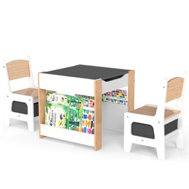 Asweets Kids Table and Chair Set,4 in 1 Toddler Desk with Storage Drawer,Wooden Activity Table for 2 in 1 Detachable Tabletop,Bookshelf,Suitable for Classroom,Home,Nursery,Playroom (Ivory White)