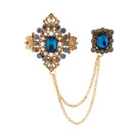 Knighthood Antique Crowned Designer Brooch with Royal Blue Stones & Pearl Detailing with Hanging Chain Lapel Pin for Men Brooch for Valentine's Outfit
