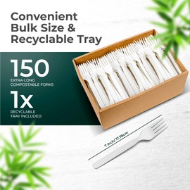 KOALALOVE-150pc 100% Compostable Forks - 150 Large Disposable Utensils. Koala Love, durable and heat resistant alternative to plastic forks with convenient tray